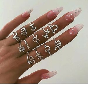12pcs/set 12 Constellation Silver Zodiac size 7.5 Ring Set Jewelry Women
